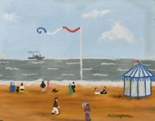 Margaret Chapman (1940-2000) British, Figures on a French beach and a paddle steamer ship beyond,