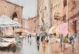 Roger Dellar (b. 1949) British, Figures on a busy Continental Street, pastel, signed, 12