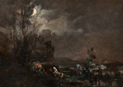 Attributed to George Boyle, Cows in a moonlit landscape, oil on board, 7.5