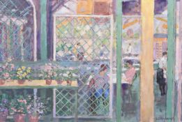 Leslie J. Brockhurst, 'Tea at the Garden Centre', oil on board, signed, 15.25