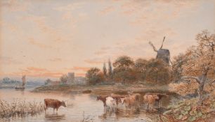 John MacPherson (Exhib.1881-8184) British, Cattle watering near a windmill at sunset, watercolour,