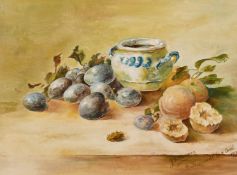 J. Botterman, French School, still life of plumbs and peaches with a bowl, watercolour, signed and