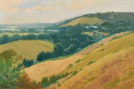 H E Lewis, 20th Century, A hilltop view of rolling countryside, oil on board, signed with initials
