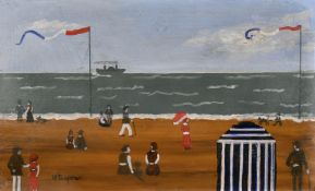 Margaret Chapman (1940-2000) British, Figures on a French beach and a paddle steamer ship beyond,