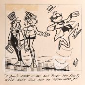 David Rowe, Daily Mirror cartoonist, 3 framed original cartoons, ink heightened in white, 8.5