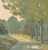 H E Lewis, 20th Century, 'Near Hailsham', oil on board, signed with initials and with label verso,