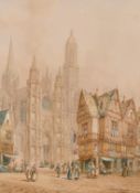 H. Schafer (1854-1915), 'Evreux, Normandy' figures in a busy city street, watercolour, signed and