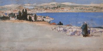 William Lee Hankey, 'Grasse' a shepherd on a hilltop overlooking a bay, watercolour, signed, 4.5