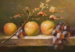 A pair of 20th Century oil on panel, Still life paintings of mixed fruit on a table edge, signed