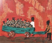 South African School 20th Century, Fruit seller with a wheelbarrow, mixed media, oil on board, 20