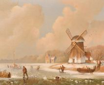 Ray Campbell, Figures skating on a frozen waterway with a windmill beyond, oil on canvas, signed,