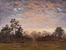 20th Century English School, Sheep grazing, figures on a track with farm stead beyond,