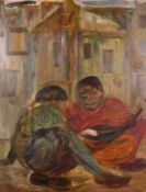 20th Century School, Seated figures in a street on playing a musical instrument, oil on board, 35.5
