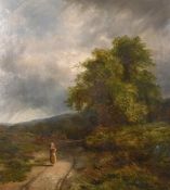 Adams, 19th Century School, A mother and child on a country path, with trees and hills beyond, oil
