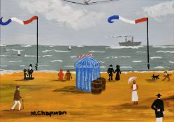 Margaret Chapman (1940-2000) British, Figures on a French beach and a paddle steamer ship beyond,