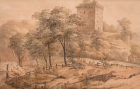 Circle of Arthur Devis, Landscape with a Norman tower, watercolour, 6