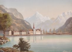 Late 19th Century, A pair of Swiss Alpine lake scenes, oils/gouache on card, one indistinctly