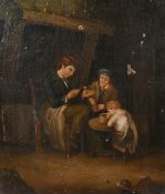 19th Century, Interior scene with two men seated and a young child at a table, oil on canvas, 14