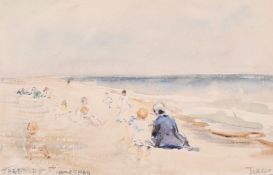 Theodore Zimmerman (b. 1937), Children playing on a Jersey beach, watercolour, signed and inscribed,