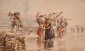 Joseph John Jenkins, Women carrying baskets along a shore, watercolour, signed, 2.5