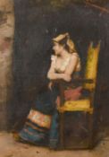 Continental School, 19th Century, A lady in traditional dress seated in an interior, oil on