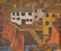 Modern British, Houses and sailing boats, oil on board, signed Vicky, 5