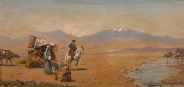 Richard Karlovich Zommer (1866-1939), Travelling tradesmen resting by a river with mountains beyond,