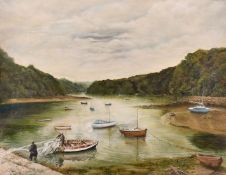 Stan Baldock, River scene with boats and fishermen preparing net, oil on canvas, signed, 24