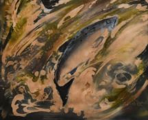 J. Villiers (20th Century) A Salmon leaping through a torrent, watercolour and bodycolor on