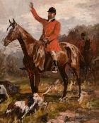 Richard Benno Adam (1873-1937) German, A scene of huntsmen and their hounds in an open field, oil on