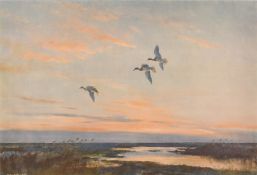 Peter Scott (1909-1989) British, A scene of flying birds at dusk, lithograph, signed in pencil,