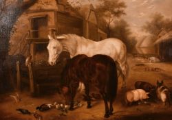 Circle of J. F. Herring Jr., Horses ducks and pigs in a farmyard setting, oil on canvas, 19.5