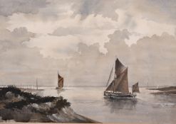 Alan Fenton (1927-2000) 'Thames Barges off the Essex coast', watercolour, signed, 13.75