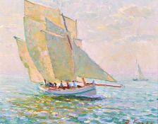 Russian School (20th Century) A study of a traditional black sea sailing boat, oil on board,