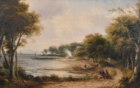 19th Century School, Figures conversing on a lakeside path with sailboats and mountains beyond,