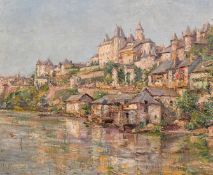 Early 20th Century French School, A French town on the banks of a river, oil on canvas, 15