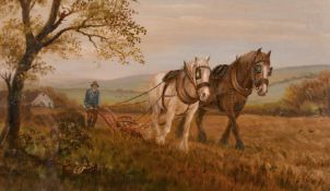 H.W. Clapton (Circa 1930) Shire horses ploughing a field, oil on canvas, signed and dated 1987, 13.