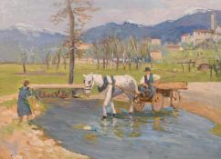 Violet Dunn-Gardner (19th/20th Century), A continental view of a horse and cart crossing a stream,