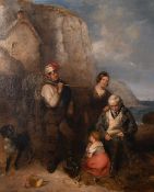 Attributed to William Shayer, 'The Fisherman's Family' a scene of a fisherman mending nets with a