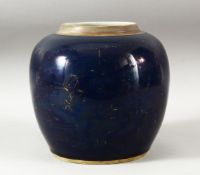 A CHINESE BLUE GROUND PORCELAIN JAR, the body with traces of gilt decoration, 21.5cm high.