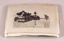 A FINE IRAQI NIELLO SILVER CIGARETTE CASE, both sides engraved with boating scene, signed to the