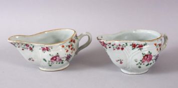 A PAIR OF 18TH CENTURY CHINESE EXPORT FAMILLE ROSE PORCELAIN SAUCE BOATS, each decorated in a