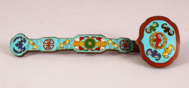 A CHINESE CLOISONNE RUYI SCEPTER, decorated with bats and longevity symbols, 20.5cm.