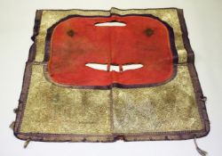 A FINE 19TH CENTURY OTTOMAN METAL THREADED LEATHER HORSE SADDLE COVER, 98cm x 104cm.