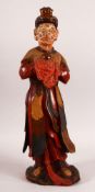 A CHINESE CARVED WOOD & LACQUER FIGURE OF A FIGURE - 42cm high