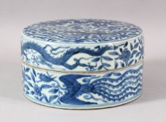 A CHINESE BLUE AND WHITE PORCELAIN CIRCULAR BOX AND COVER, the exterior painted with dragons and