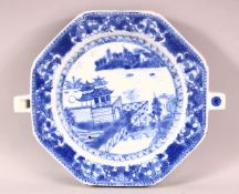 A CHINESE EXPOST BLUE & WHITE PORCELAIN WARMING PLATE - decorated with scenes of native