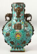 A LARGE CHINESE CLOISONNE BRONZE TWIN HANDLE MOONFLASK, with elephant formed handles and calligraphy