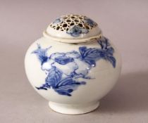 A JAPANESE MEIJI PERIOD HIRADO PORCELAIN BLUE & WHITE KORO & COVER - the body of the koro