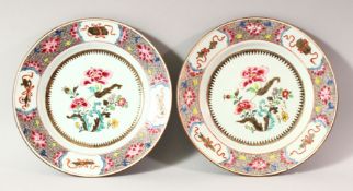 A PAIR OF LATE 19TH CENTURY FAMILLE ROSE PORCELAIN PLATES, painted to the centre and border with